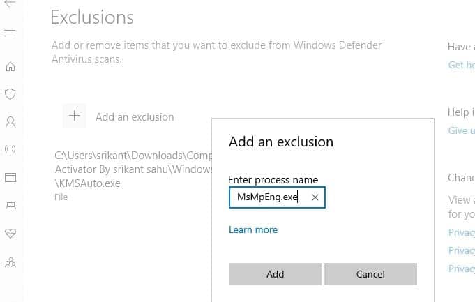 Add Exclusions antimalware service executable