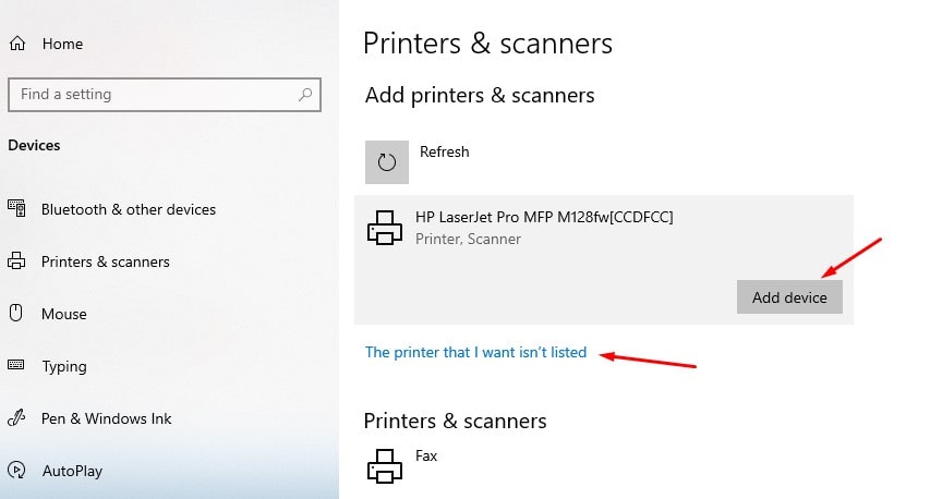 Add printer windows 10