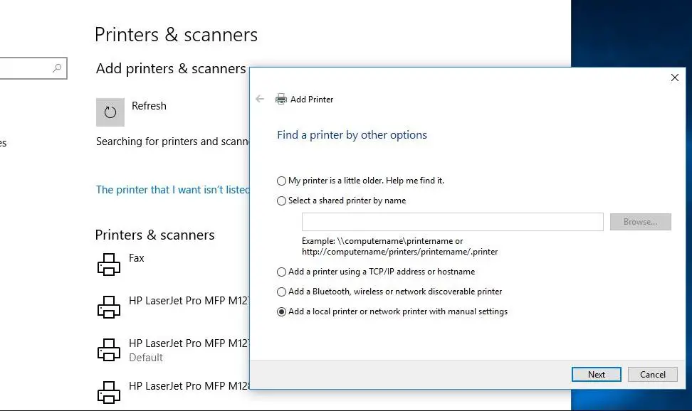 Add printer with manual settings