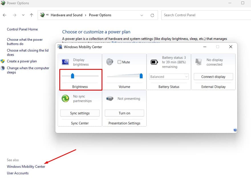 Adjust Brightness on mobility center