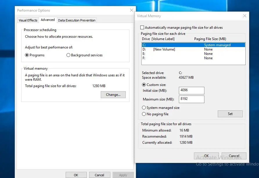 adjust virtual memory on windows 10