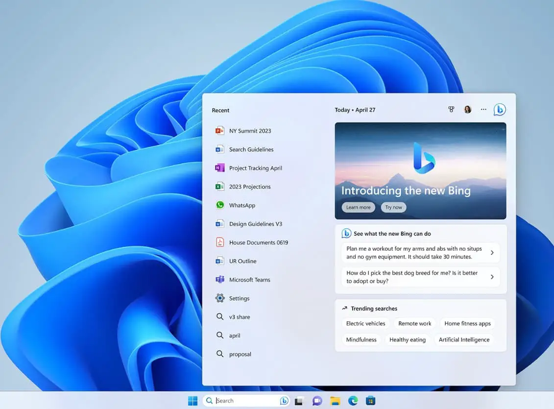 AI-powered Bing on Windows search taskbar
