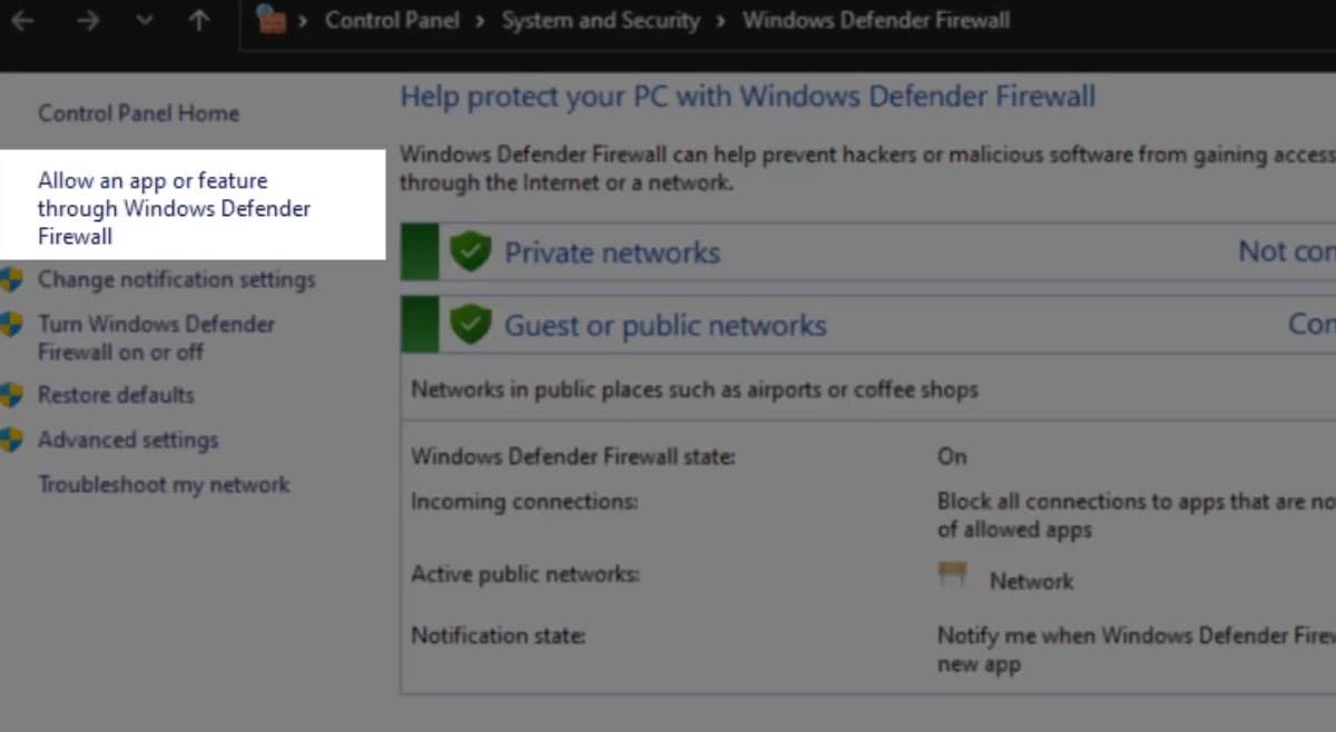 Allow an app or feature through windows defender firewall