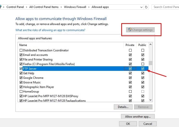 Allow an FTP server through Windows Firewall 