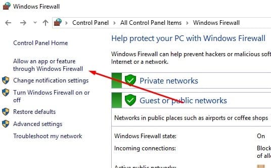 Allow app or feature through windows firewall