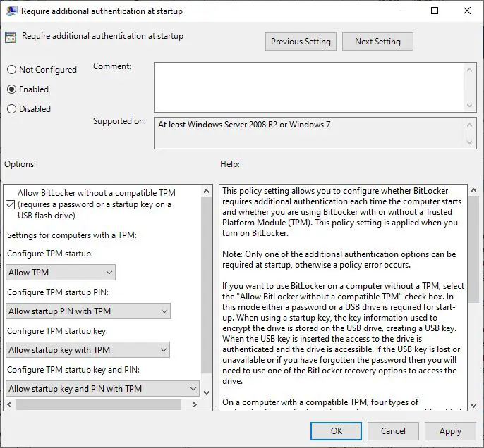 Allow bitlocker without TPM group policy