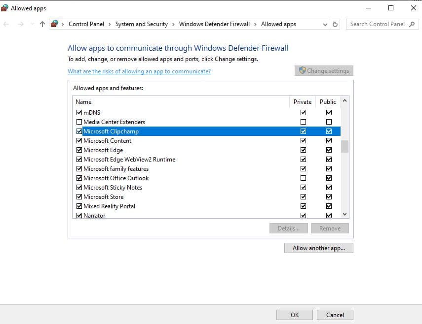 Allow Clipchamp via Firewall Settings