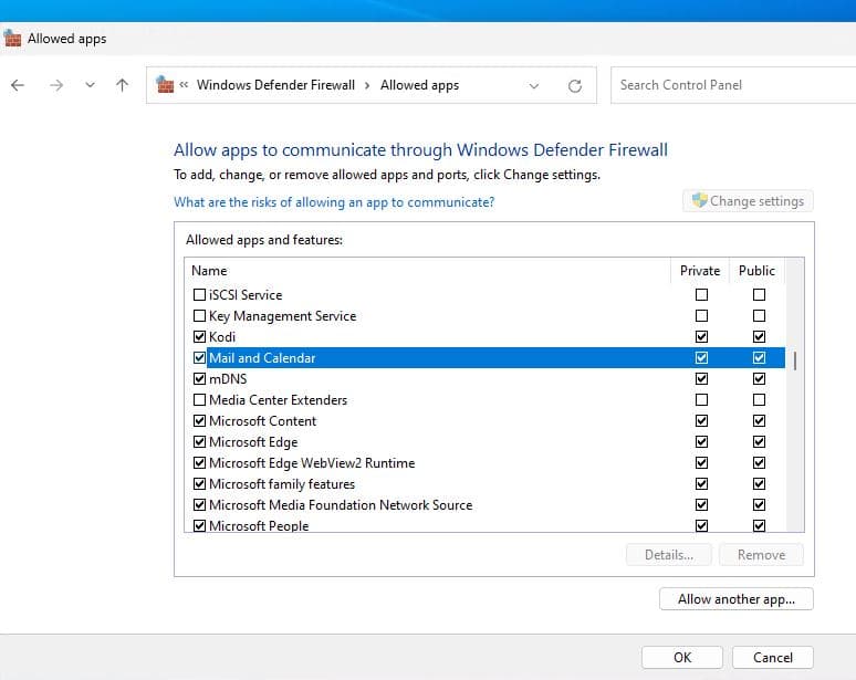 Allow Mail App through the Windows firewall