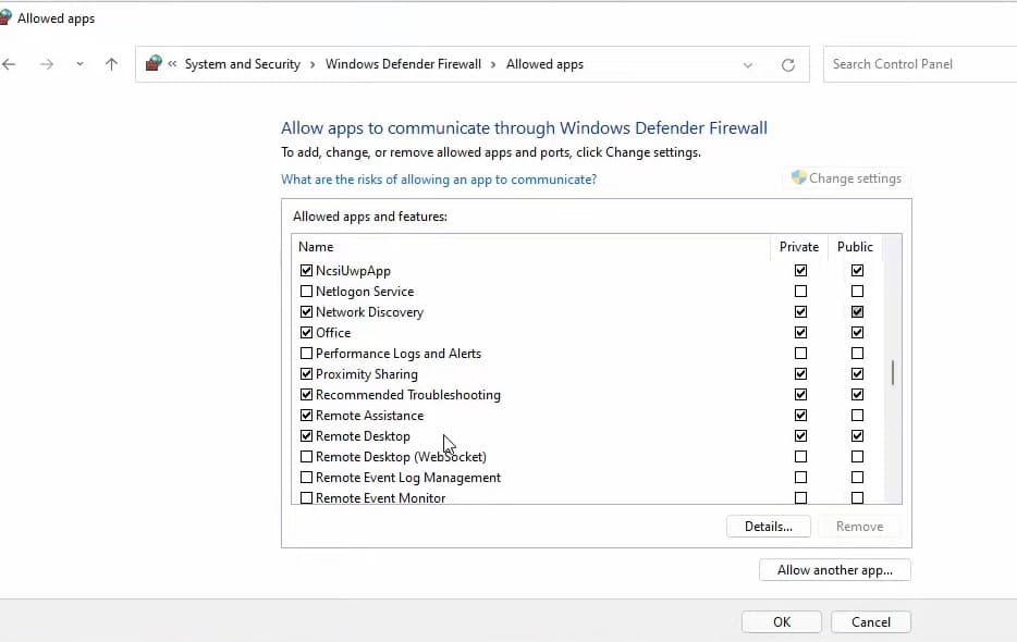 Allow remote desktop through firewall