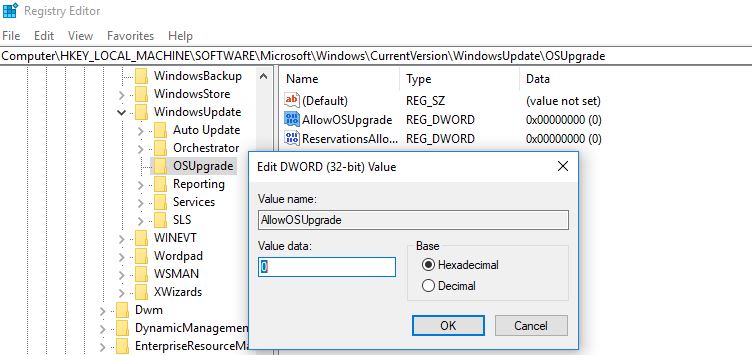 AllowOSUpgrade DWORD key