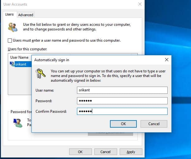 Automatic Login windows user account