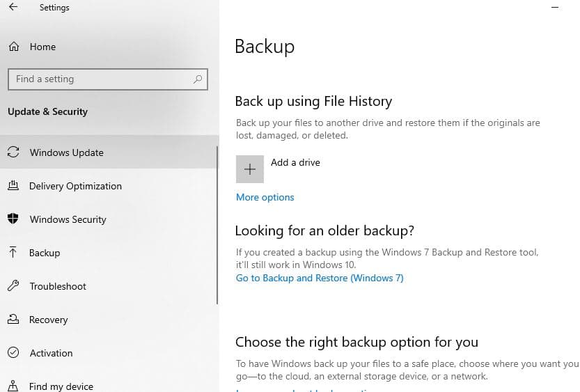 Backup on windows 10