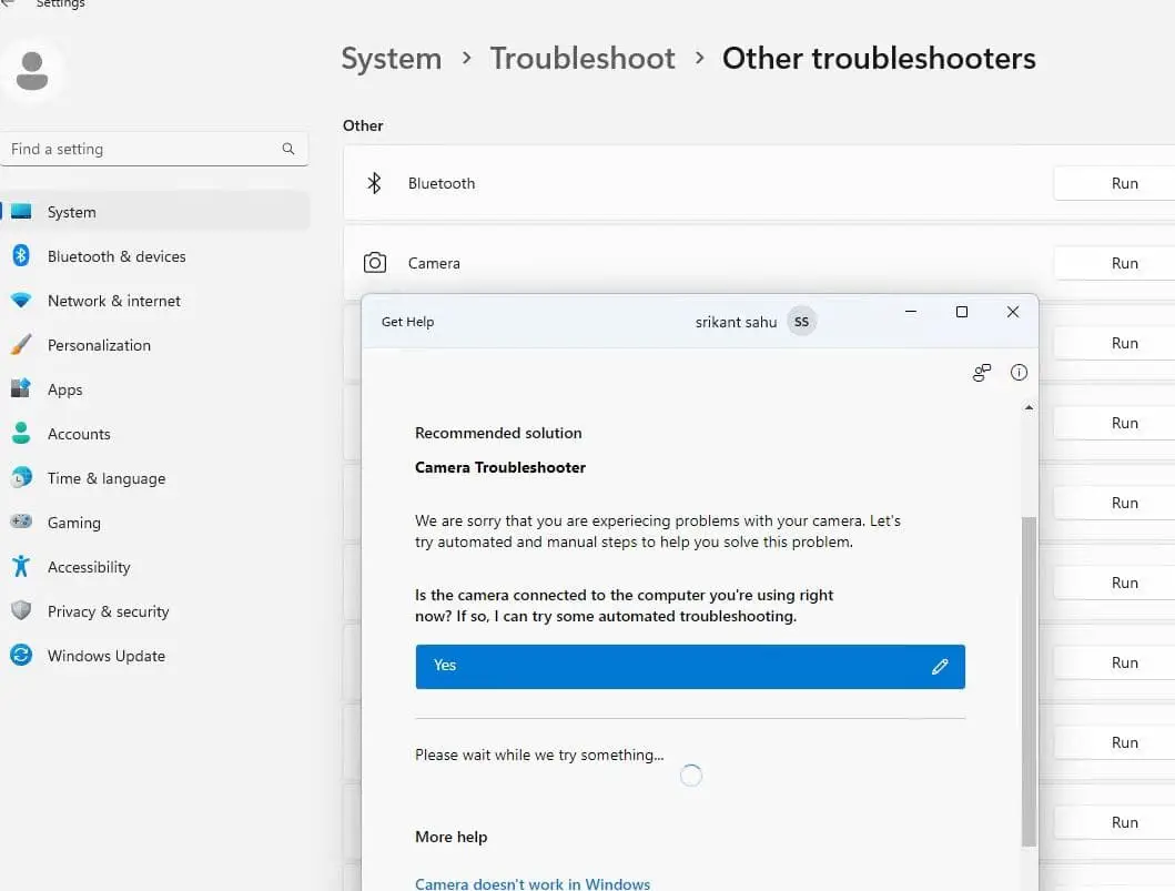 Camera troubleshooter