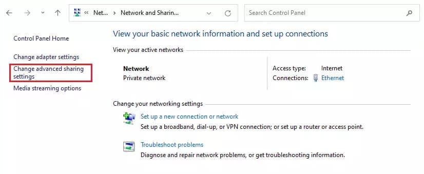 Change advanced sharing settings