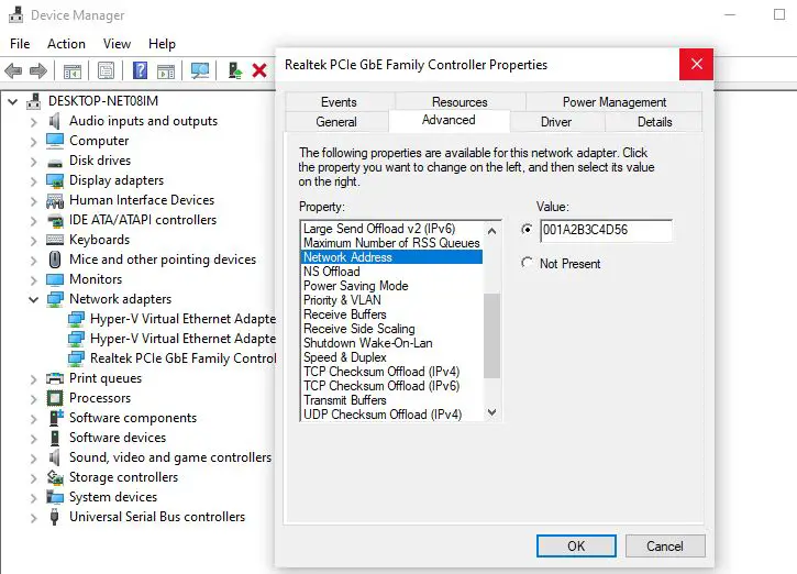 change mac address windows 10