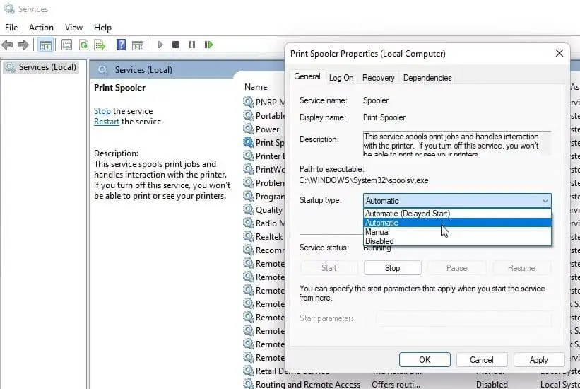 Change Print spooler service startup type