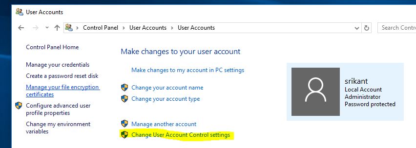 change user account control settings