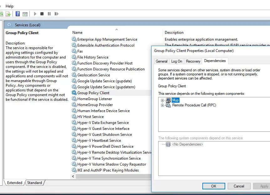 check group policy depends services are running