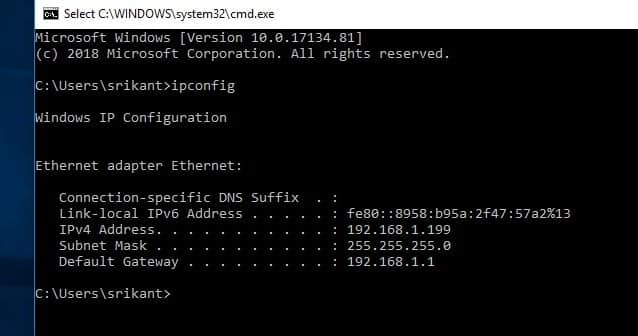 Check IP address using IPCONFIG