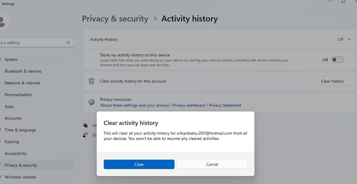 Clear Activity history