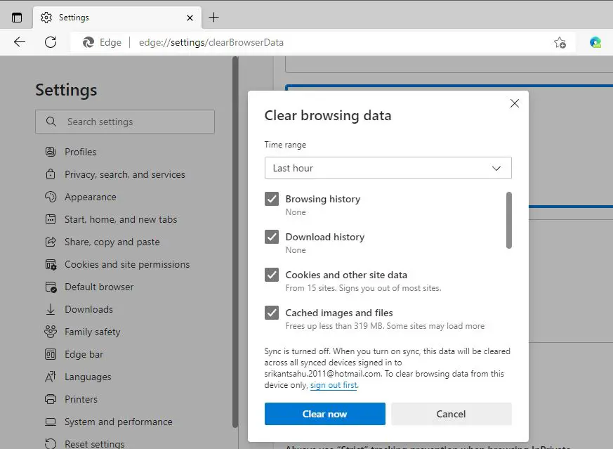 Clear edge browsing data and cache