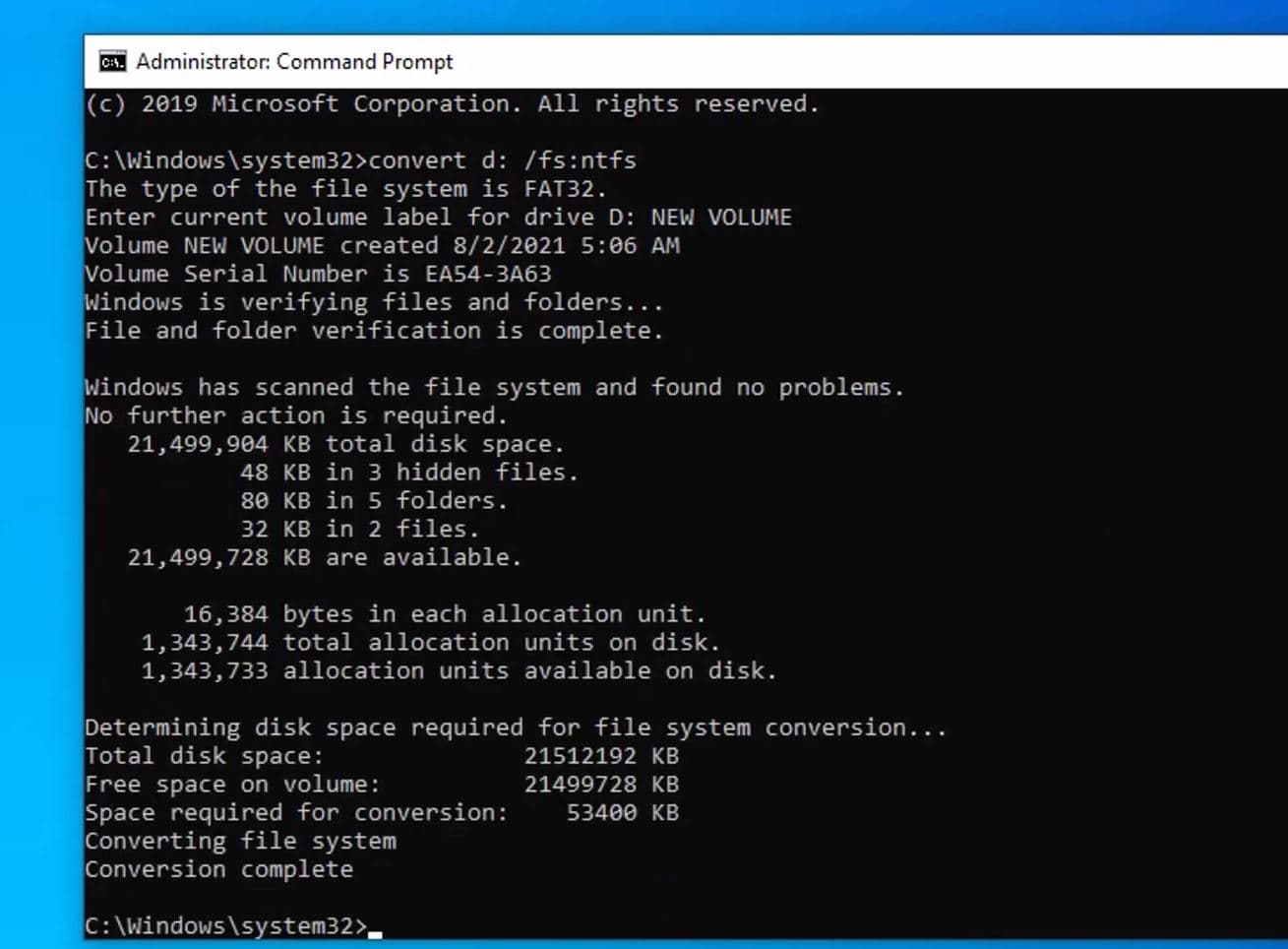 CMD to convert a FAT32 drive to NTFS