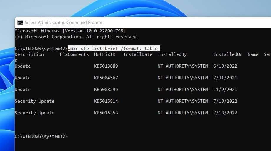 command to display installed windows update list