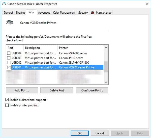 Configure canon printer port