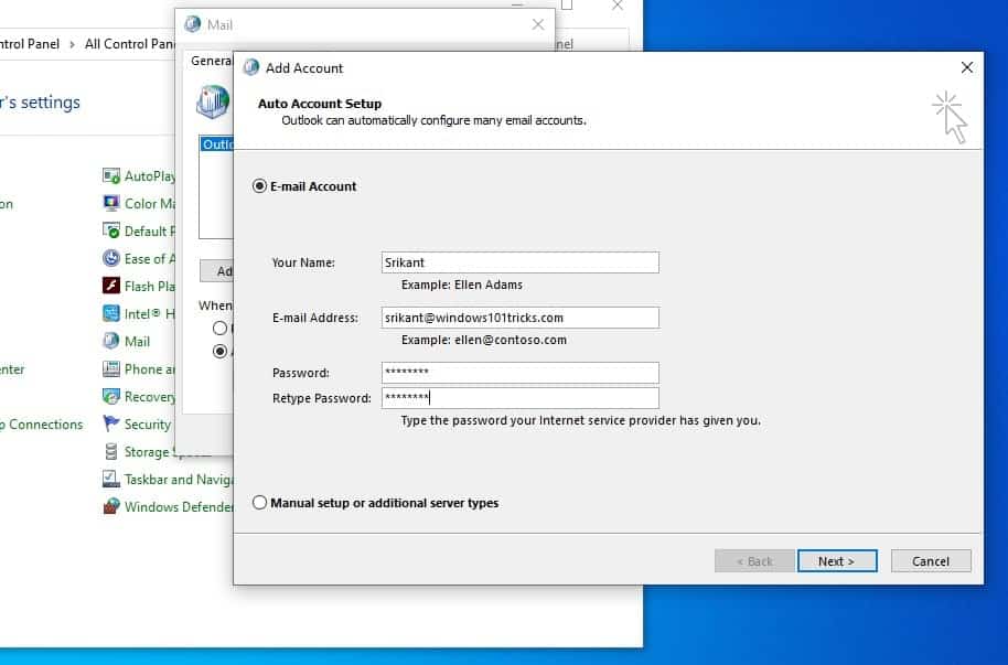 Configure outlook user profile