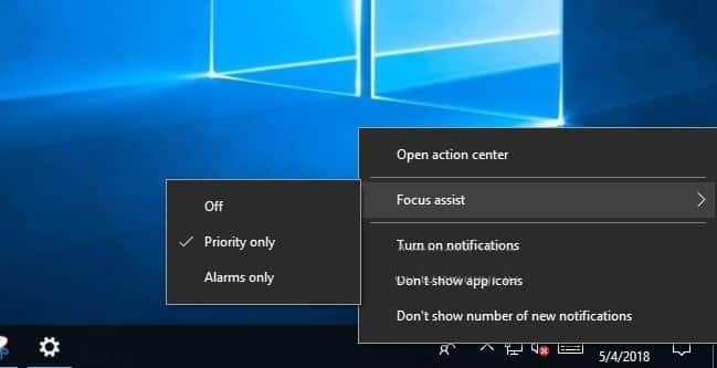 control focus assist using the Action Center context menu