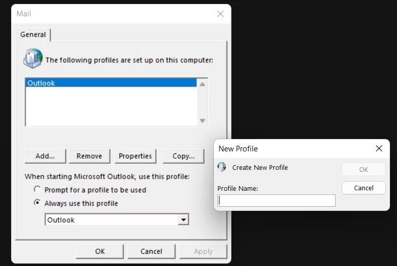 Create new outlook prefile