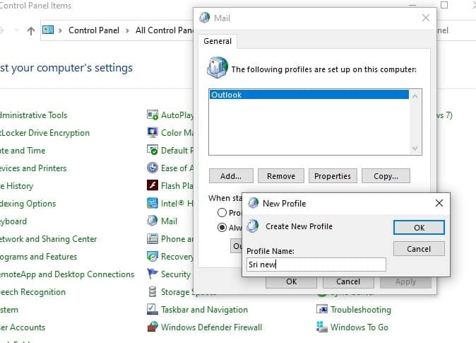 Create new profile outlook