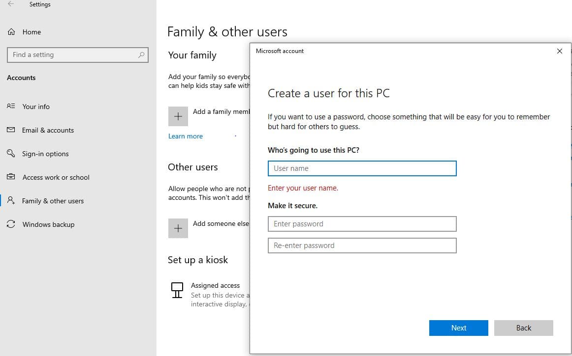 Create user account win 10