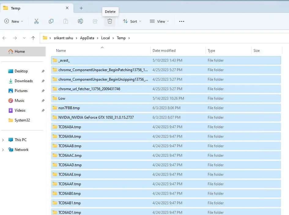 Delete Temp file on windows 11