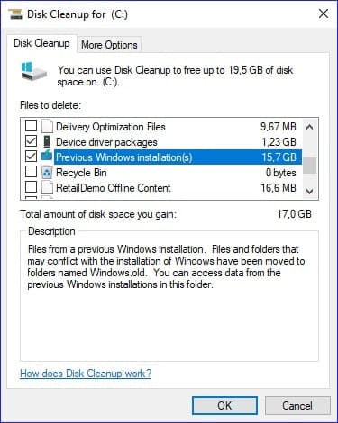 Delete windows previous installation