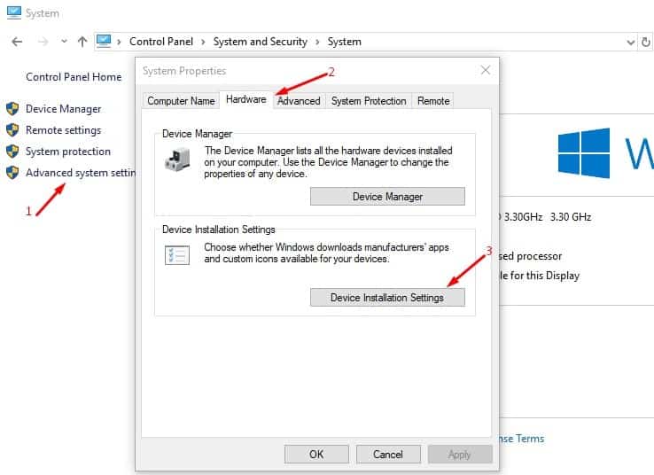 Device installation settings