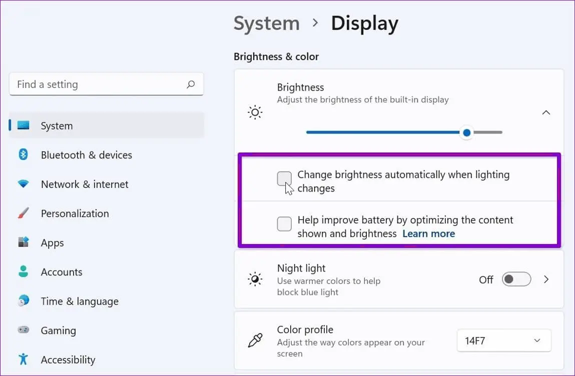 Disable auto brightness on windows 11