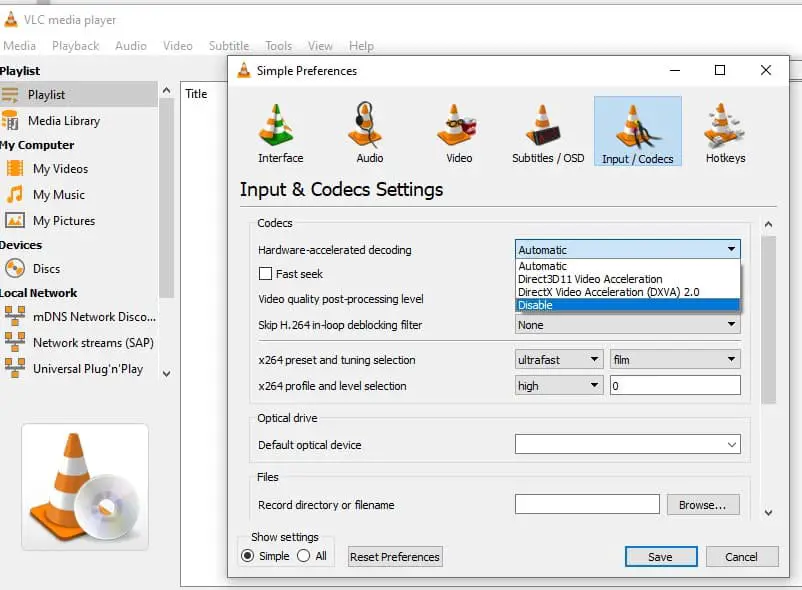 Disable Hardware-Accelerated Decoding VLC