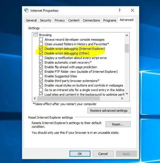 disable script debugging on internet options