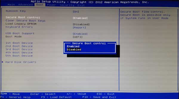 Disable secure boot