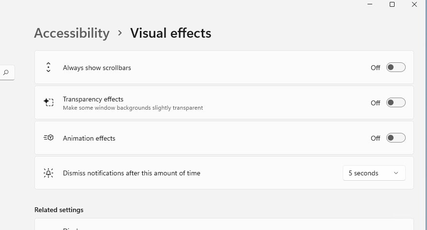 Disable transparency effects to make windows 11 faster