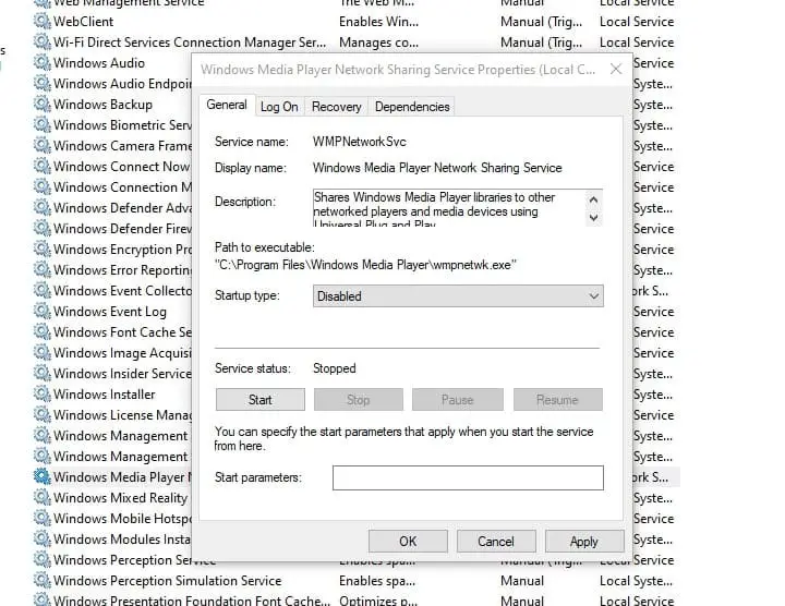 Disable WMP Network Sharing Service