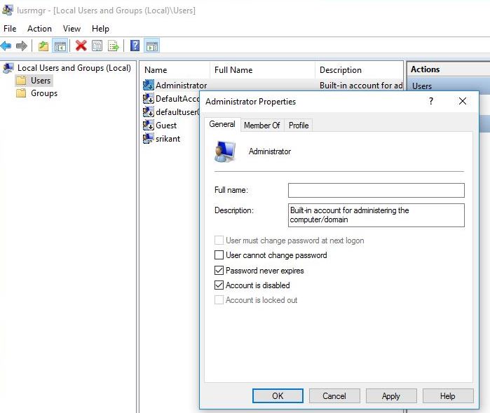 Enable administrator account on local users and groups