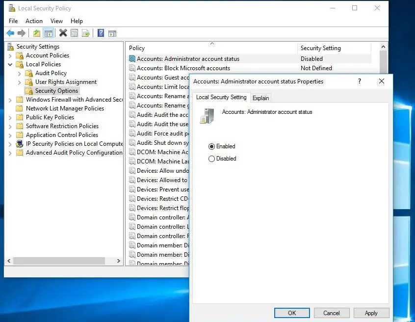 Enable administrator account Using Local Group Policy