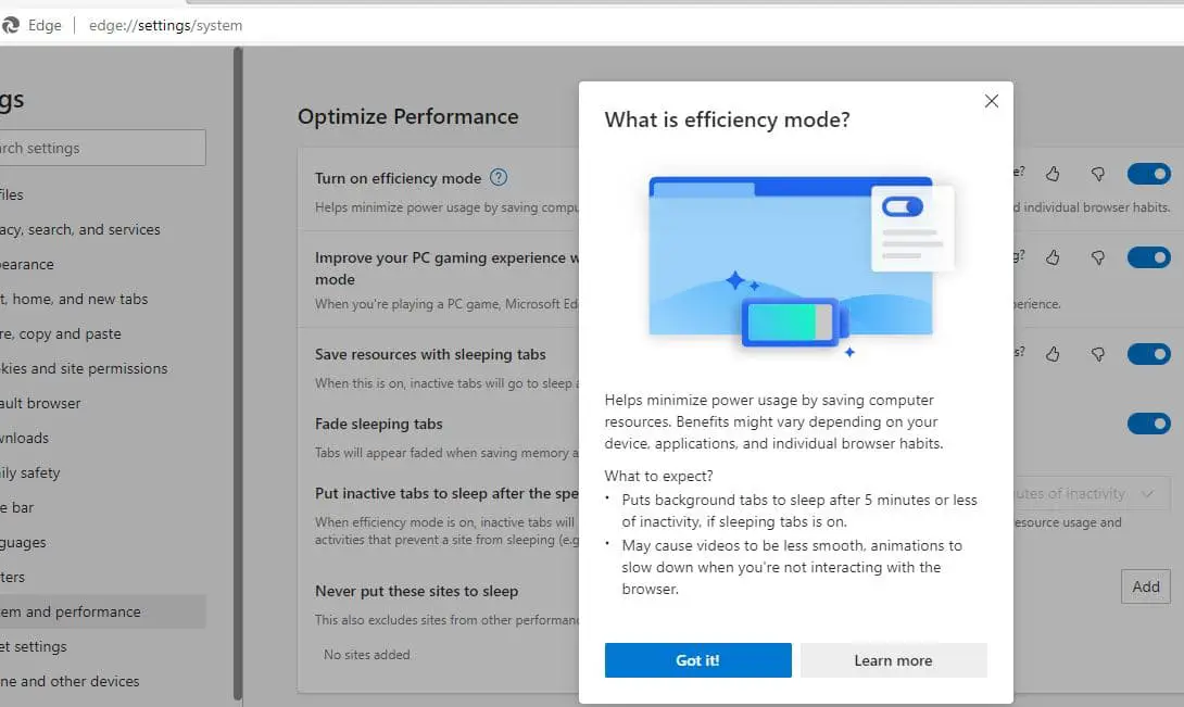 Enable Efficiency Mode on edge