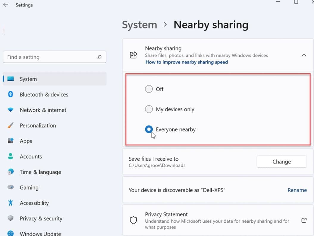 Enable nearby sharing windows 11