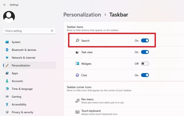 Enable taskbar search windows 11