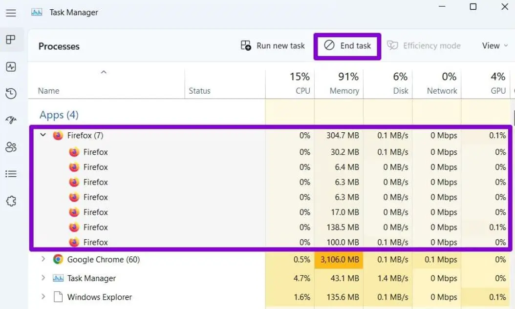 End Firefox running process