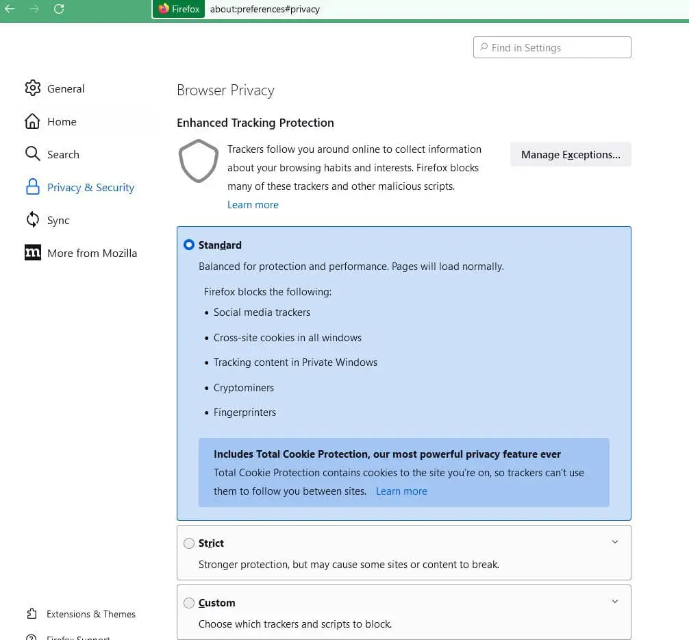 Firefox Tracking protection