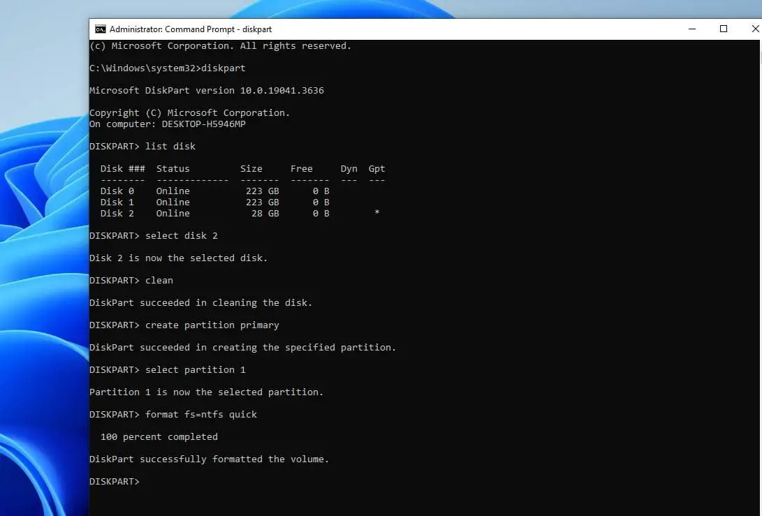 Format dive using command